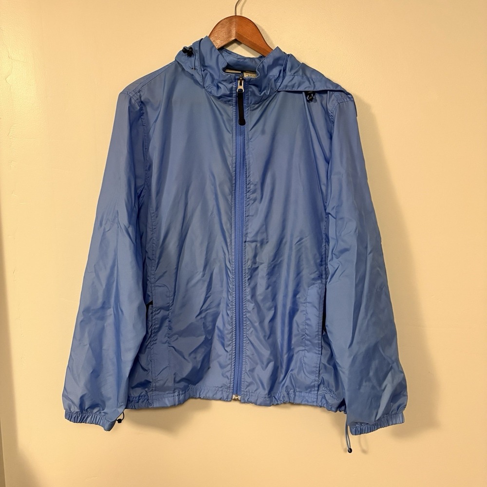 LL Bean Stowaway Rain Windbreaker Jacket Womens 1X Blue Hooded Hiking Nylon